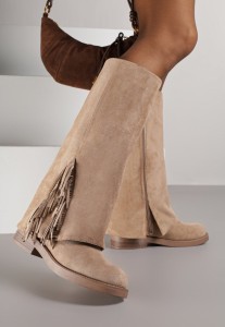 Ciemnobeżowe Kozaki Ozdobione Frędzlami i Wywiniętą Cholewką Reilevia