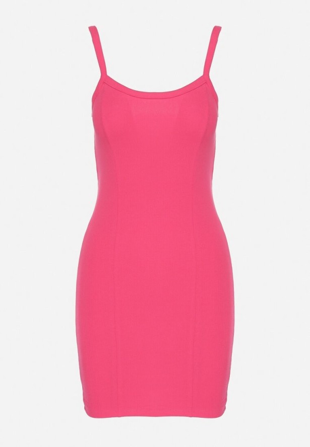 Fuksjowa Bawełniana Dopasowana Sukienka z Prążkowanej Dzianiny Tenasela