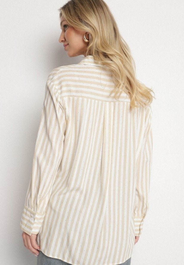 Jasnobeżowa Bawełniana Koszula w Pionowe Paski Zdobiona Cyrkoniami Isorina