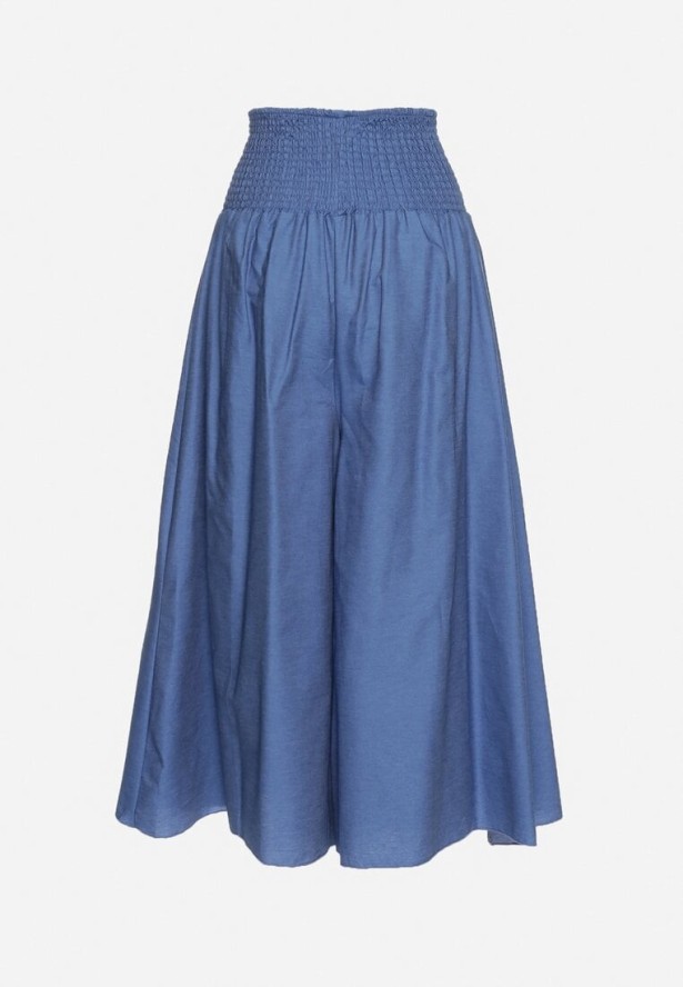 Jasnoniebieskie Bawełniane Szerokie Spodnie Kuloty z Wysokim Stanem i Gumką w Pasie Rafea