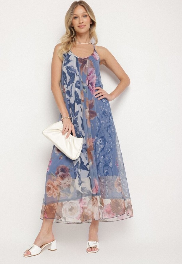 Niebieska Siateczkowa Sukienka z Wiskozą w Kwiatowy Wzór Izaleira