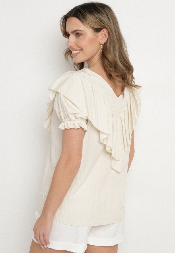 Beżowa Bluzka z Wiskozą i Falbankami Fadevia