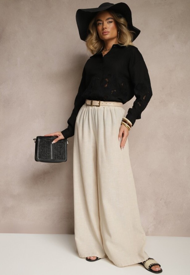 Czarna Koszula Oversize z Lnem Zdobiona Ażurowymi Wstawkami Dannivra