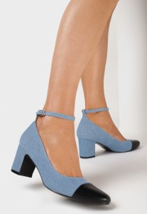 Jasnoniebieskie Czółenka na Słupku z Paskiem Przy Kostce i Ozdobnym Noskiem Forina