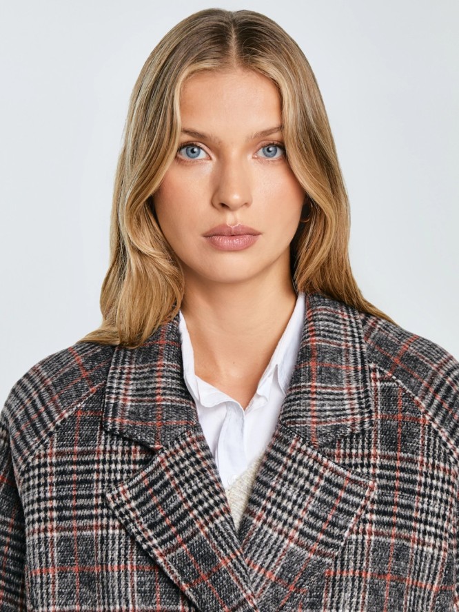 Płaszcz damski z dodatkiem wełny kratę szary Ariela 000