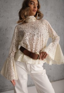 Beżowa Koronkowa Bluzka Wiskozowa z Bawełną Ozdobiona Wiązaniem Diomopis