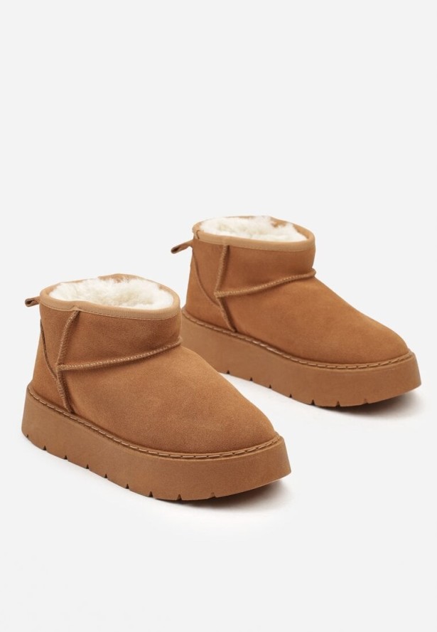 Brązowe Krótkie Śniegowce ze Skóry Naturalnej Ocieplane Futerkiem Riasirae