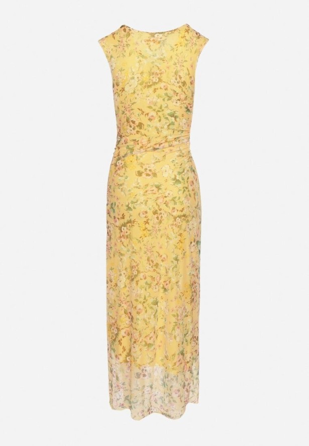 Żółta Koktajlowa Taliowana Sukienka w Kwiaty z Wiskozową Podszewką Lidra