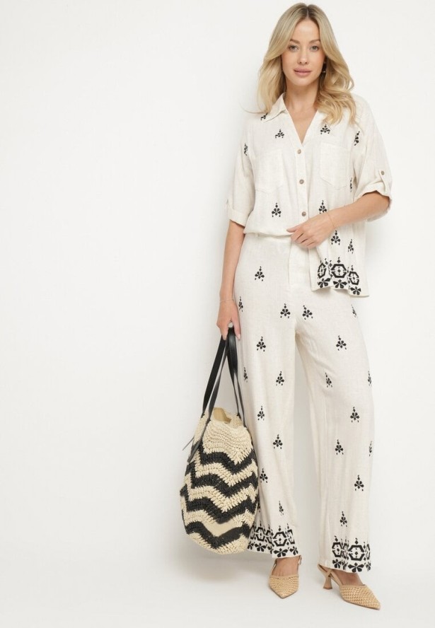 Biało-Czarna Koszula Overisze z Wiskozy i Lnu z Wzorem Etno Jaslena