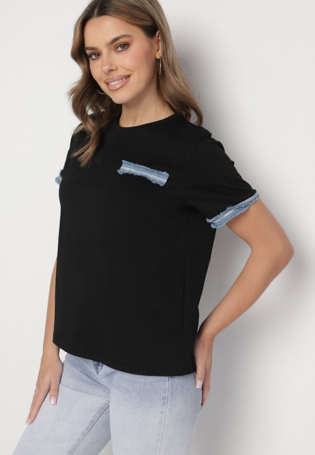 Czarna Bluzka Oversize z Bawełny z Krótkim Rękawem i Ozdobnymi Lamówkami Calnil