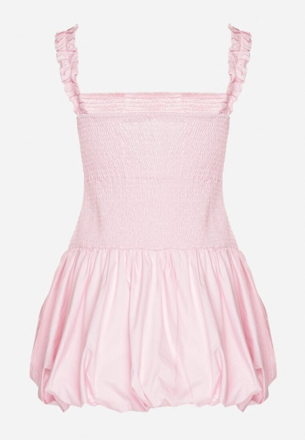 Różowa Bawełniana Sukienka Bombka na Ramiączkach z Elastyczną Górą Linarisena