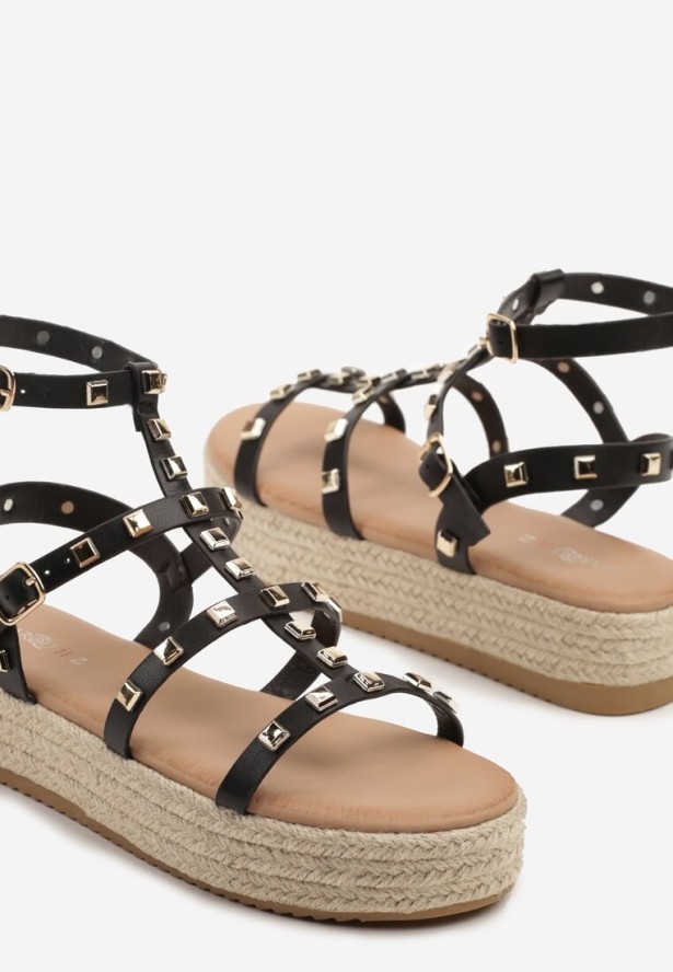 Czarne Sandały w Stylu Gladiatorek na Grubej Podeszwie z Plecionki Sonalisa