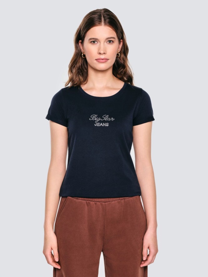 Koszulka damska z napisem z cyrkonii granatowa Malvina 403