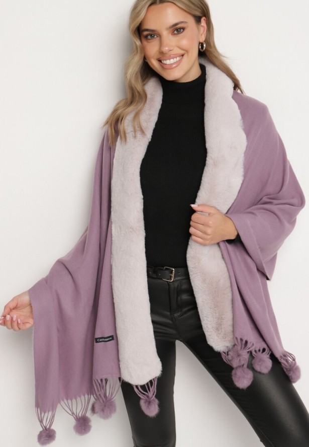 Ciemnofioletowy Szeroki Szalik Narzutka z Pomponami i Futerkiem Naqila