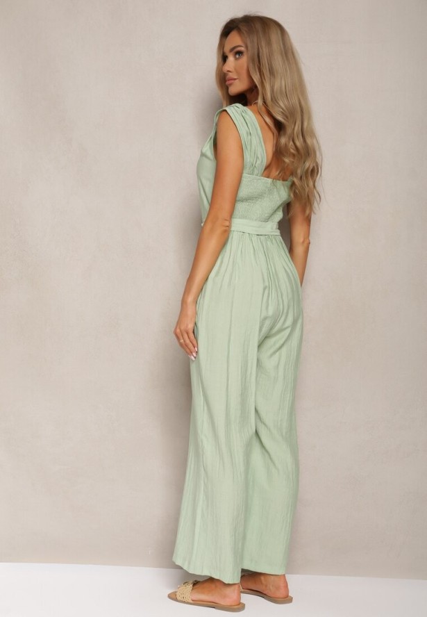 Jasnozielony Kombinezon z Wiskozy z Szerokimi Nogawkami z Gumką w Pasie i Materiałowym Paskiem Acladia