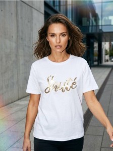 Bawełniana koszulka z połyskującymi aplikacjami - biały