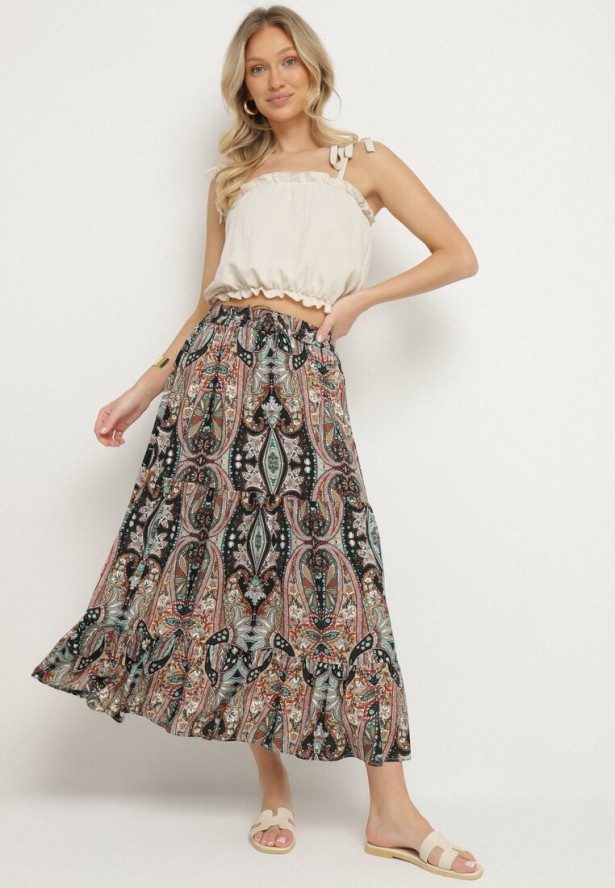 Beżowo-Czarna Wiskozowa Spódnica ze Wzorem Paisley Ellishea