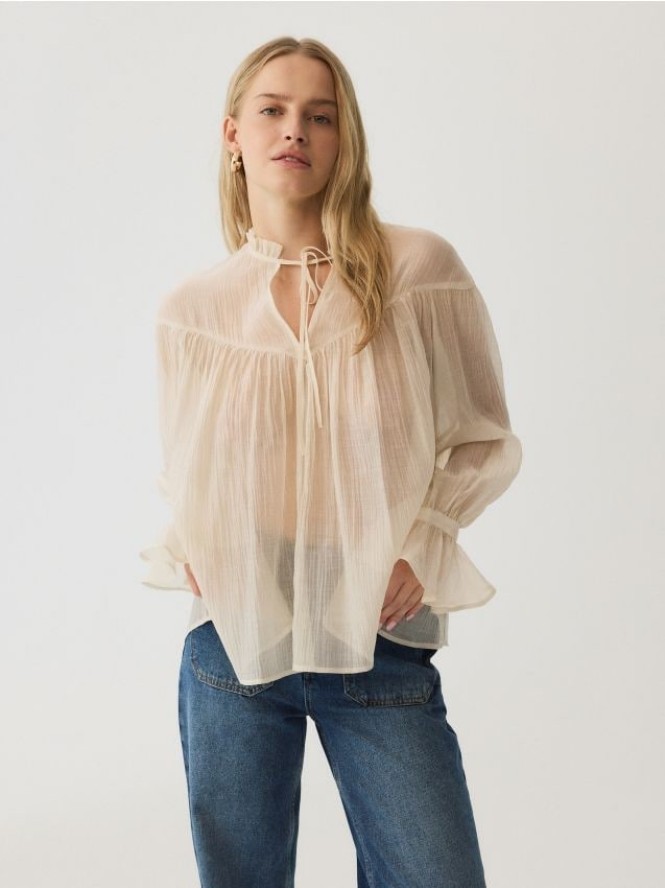 Bluzka z efektem marszczenia - kremowy