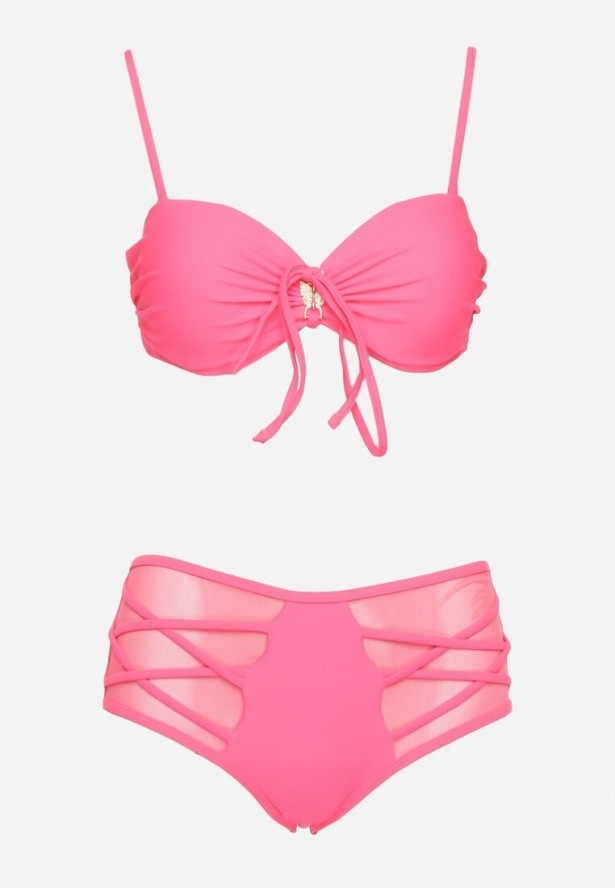 Różowe Bikini Biustonosz i Majtki Figi z Wysokim Stanem Zdobione Siateczką Kinetia