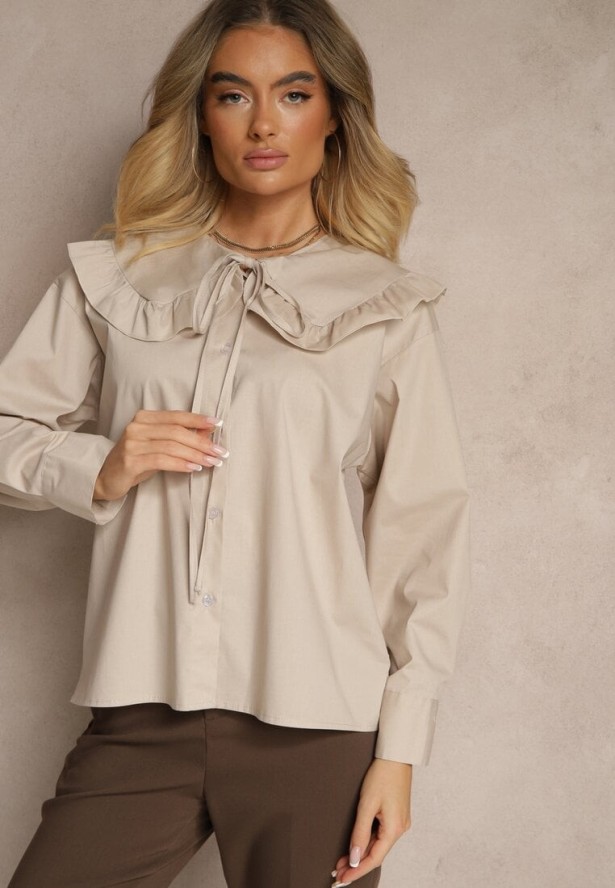 Beżowa Koszula z Bawełny w Stylu Retro z Wiązaniem i Kołnierzykiem z Falbankami Firsela