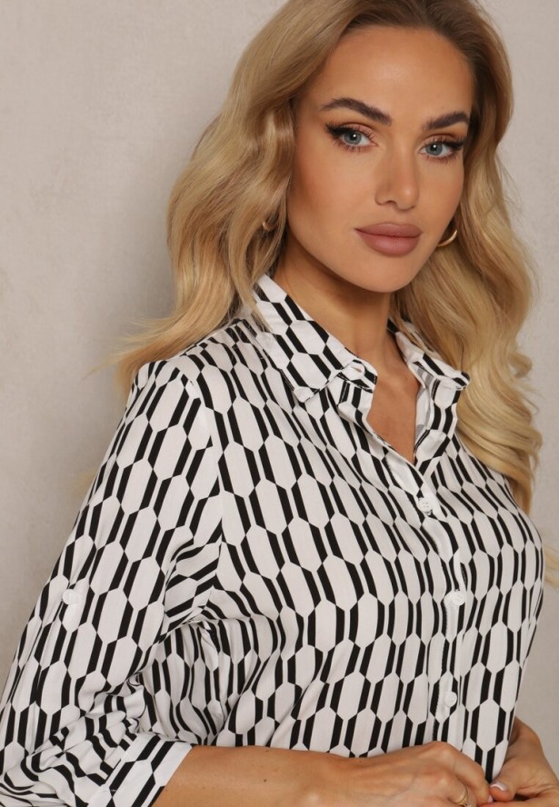 Biało-Czarna Koszula z Wiskozy i Bawełny w Geometryczny Wzór z Rękawem 3/4 Andromia