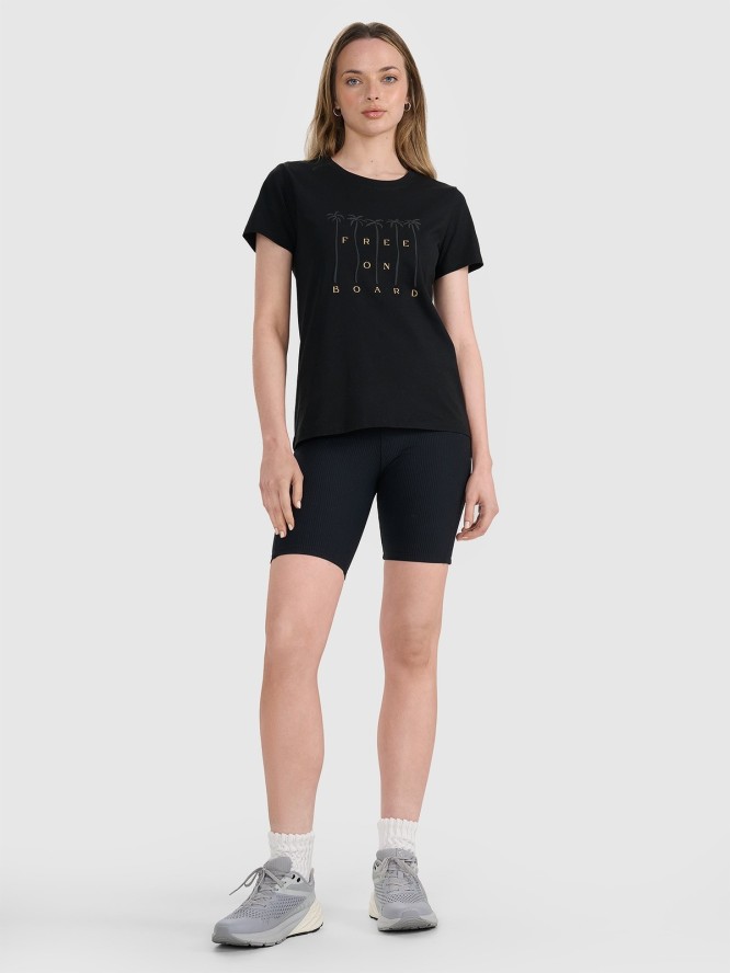 4F T-shirt regular z nadrukiem damski - czarny XS