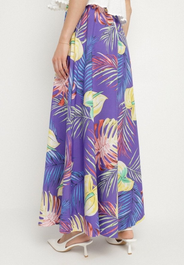 Niebieskie Szerokie Wiskozowe Spodnie z Wysokim Stanem w Liście Senithiela