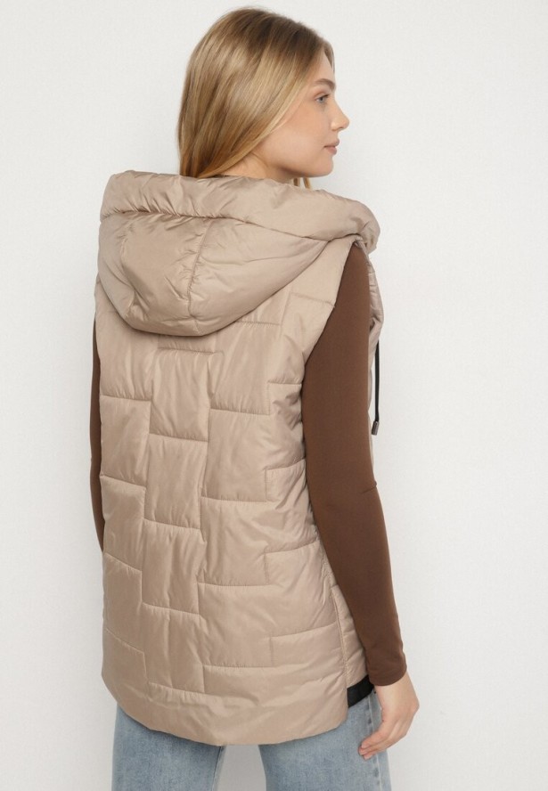 Beżowa Pikowana Kamizelka z Kapturem i Sznurkami Imvila
