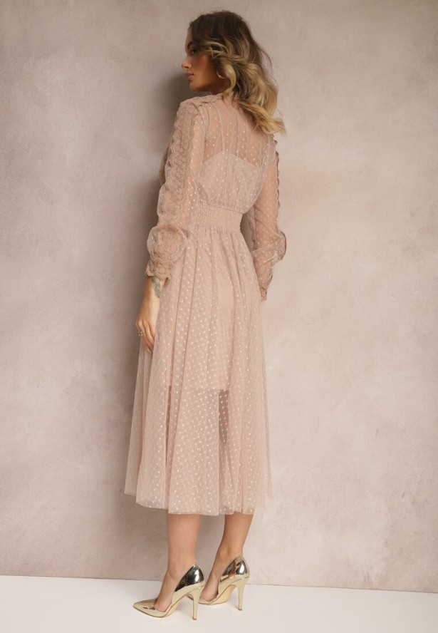 Beżowa Rozkloszowana Sukienka Midi z Tiulu z Koronką Rislaine