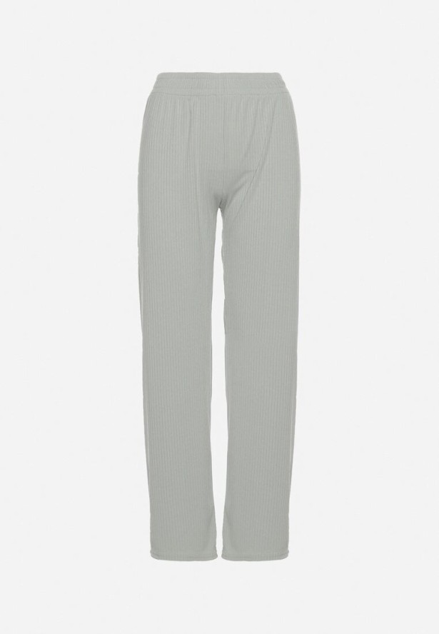 Zielone Prążkowane Spodnie Szerokie z Gumką w Pasie Drasia