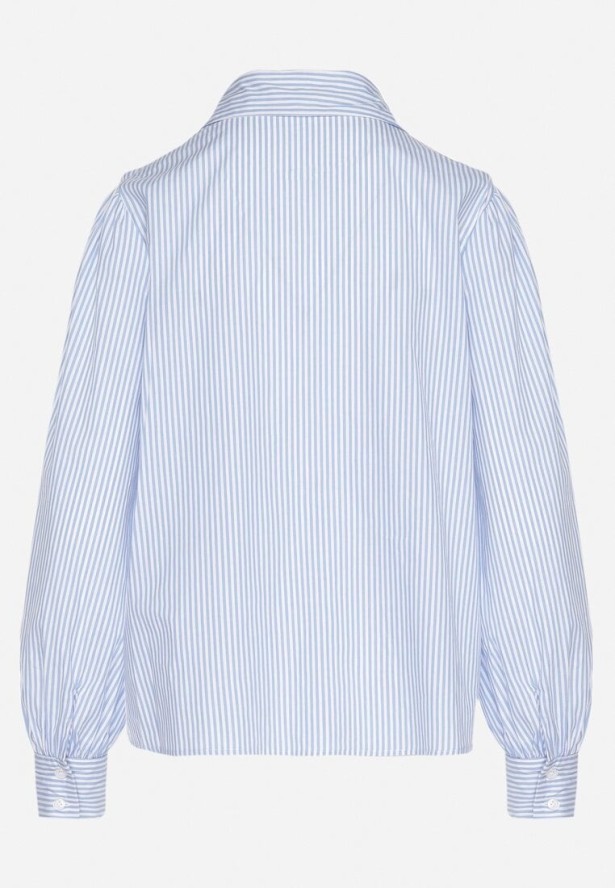 Niebieska Bawełniana Koszula w Paski z Ozdobnym Dekoltem z Falbanką Paleriella