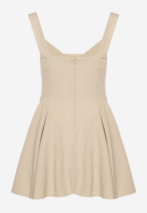 Beżowa Rozkloszowana Sukienka z Gorsetową Górą i Dekoltem w Serce Frolami