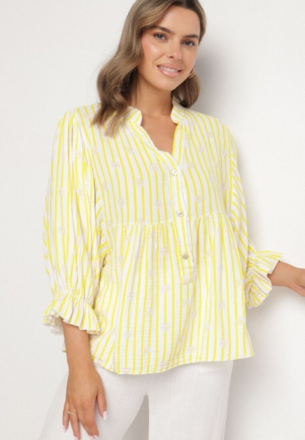 Żółta Bawełniana Koszula z Dekoltem w Serek w Kwiatowy Wzór Mailovelle