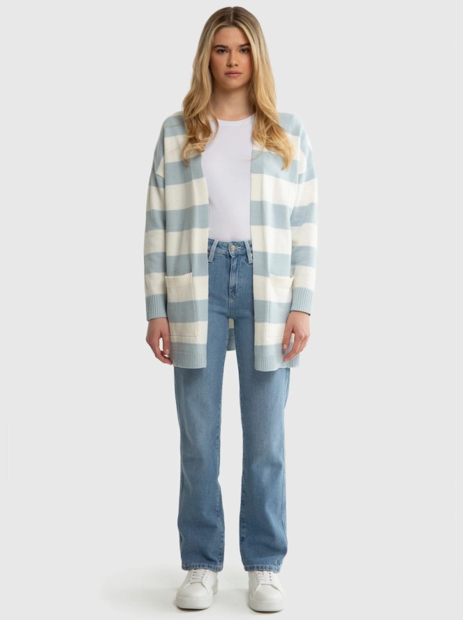 Sweter kardigan damski z kieszeniami w niebiesko-białe pasy Marilla 400
