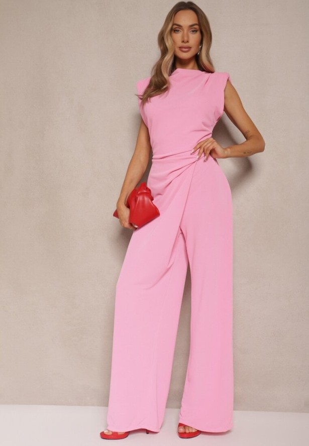 Różowy Kombinezon Bez Rękawów z Szeroką Nogawką i Marszczeniem Sepellia