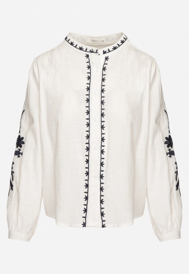 Biało-Niebieska Bawełniana Koszula Bez Kołnierzyka Zdobiona Haftem Gonavia