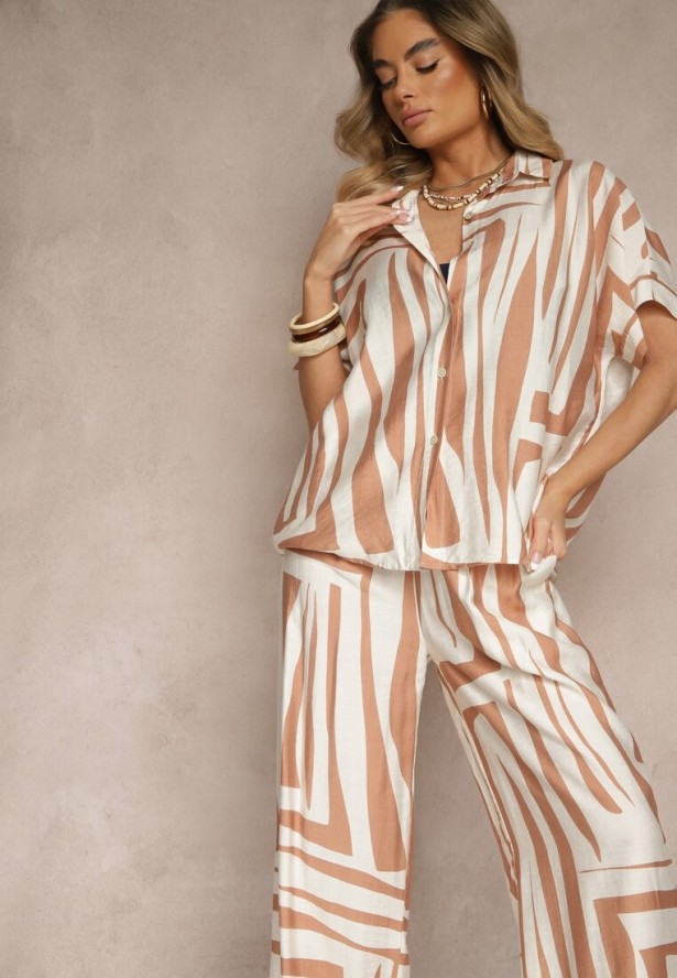 Beżowy Komplet o Kroju Oversize z Lnem Koszula i Szerokie Spodnie Miravinia