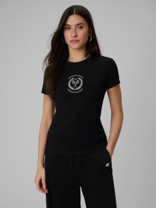 4F T-shirt slim z nadrukiem damski - czarny XS