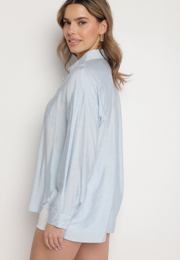 Jasnoniebieska Wiskozowa Koszula Ozdobiona Kieszonką Dovesse