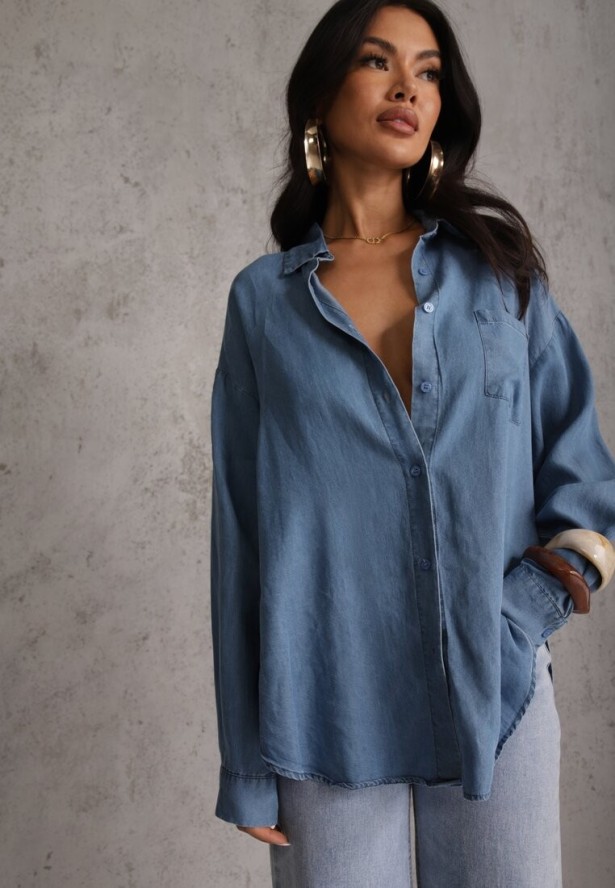 Niebieska Denimowa Koszula z Bawełną i Kieszonką Worimi