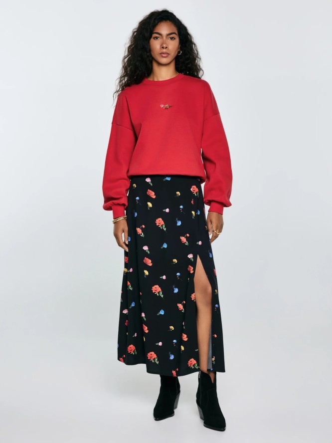 Spódnica damska midi z wiskozy z motywem kwiatowym czarna Brie 906