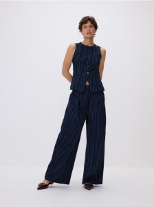 Szerokie spodnie z lnem - granatowy