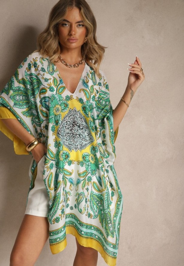 Żółte Ponczo Narzutka z Wiskozy i Jedwabiu w Stylu Boho Acera