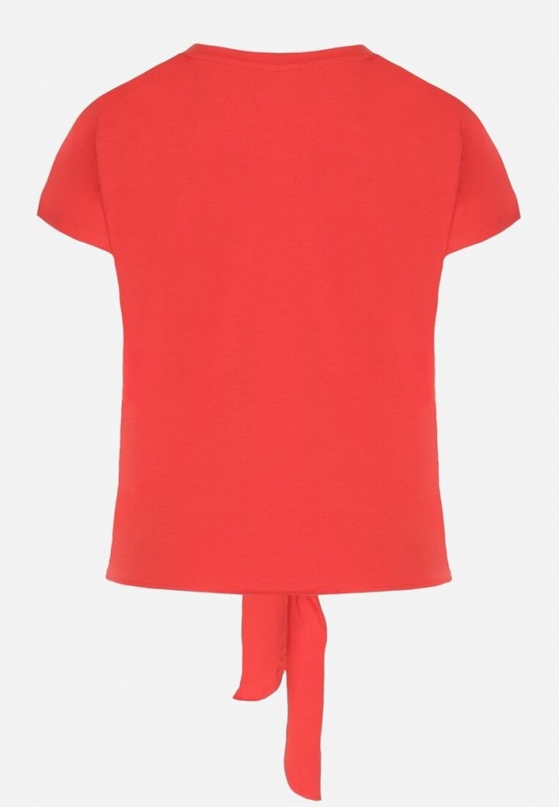 Czerwony T-shirt z Bawełny z Ozdobnym Wiązaniem Sunitra