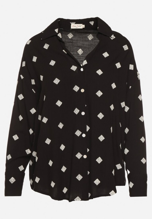 Czarna Koszula z Wiskozy z Lnu Zdobiona Geometrycznym Haftem Fadea