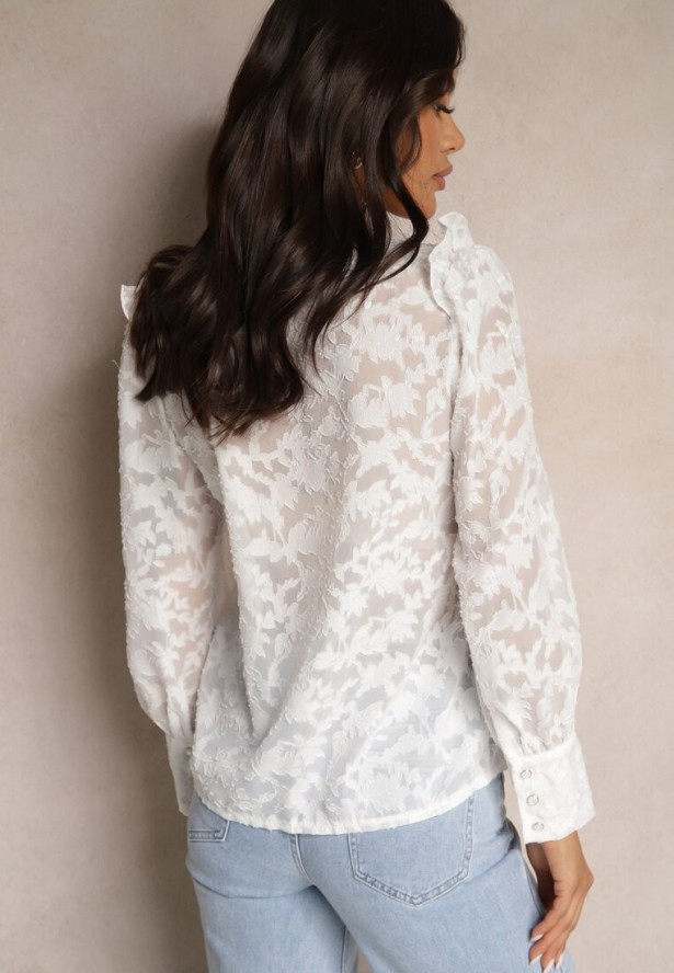 Biała Koronkowa Koszula Zdobiona Biżuteryjnymi Guzikami Lormi