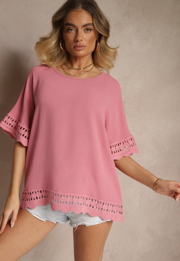 Różowa Bluzka Ozdobiona Ażurowymi Rękawami Vorana