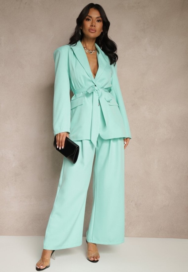 Jasnozielone Szerokie Spodnie High Waist o Garniturowym Kroju z Zakładkami Uliadorea