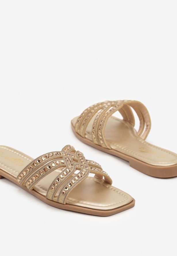 Złote Klapki na Płaskiej Podeszwie z Ozdobnymi Paskami z Cyrkoniami Tenasina