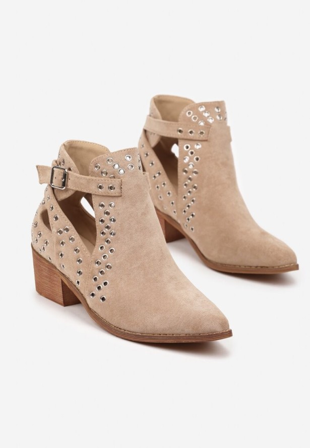 Beżowe Botki Vices na Słupku w Stylu Kowbojek z Metalicznymi Aplikacjami i Wycięciami Virori